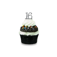 Mini Number 16 - Silver Glitter Acrylic Cake Topper - Cupcake Pick