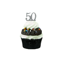 Mini Number 50 - Silver Glitter Acrylic Cake Topper - Cupcake Pick