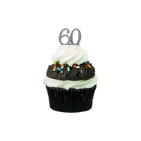 Mini Number 60 - Silver Glitter Acrylic Cake Topper - Cupcake Pick